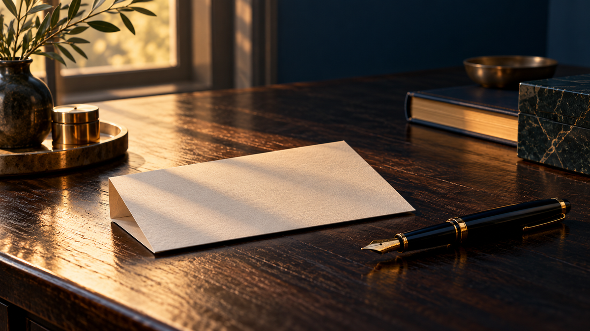 A blank letter and pen on a dark desk in warm morning light