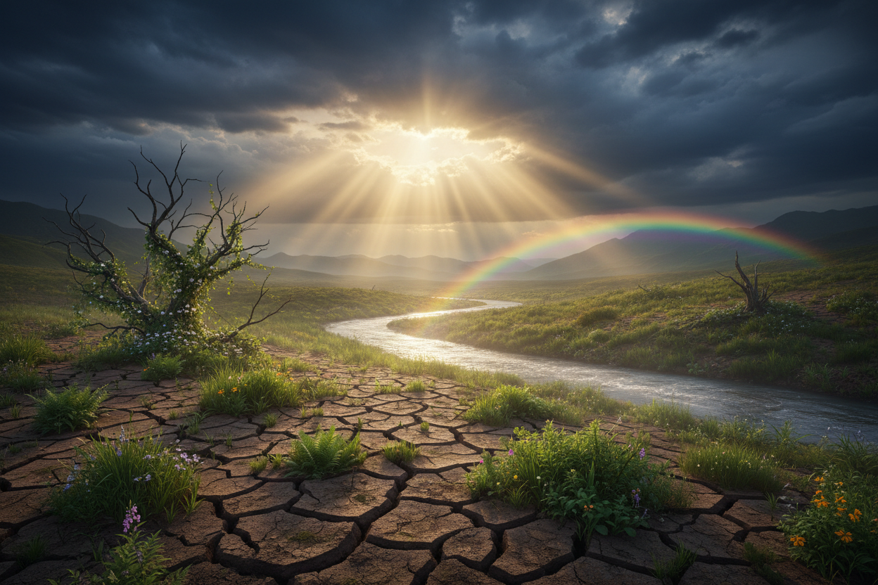 Sunlight breaking through storm clouds over growing plants symbolizing healing and emotional renewal