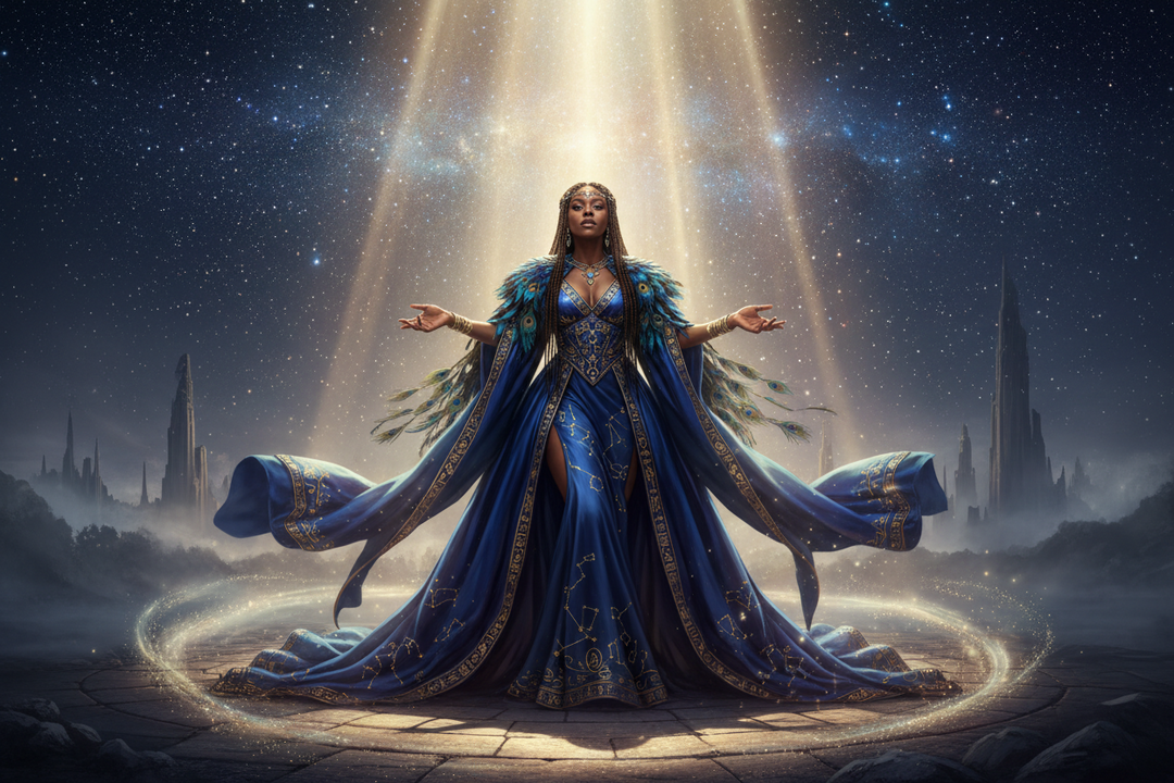 Regal woman beneath a star-filled sky symbolizing legendary beauty and timeless love