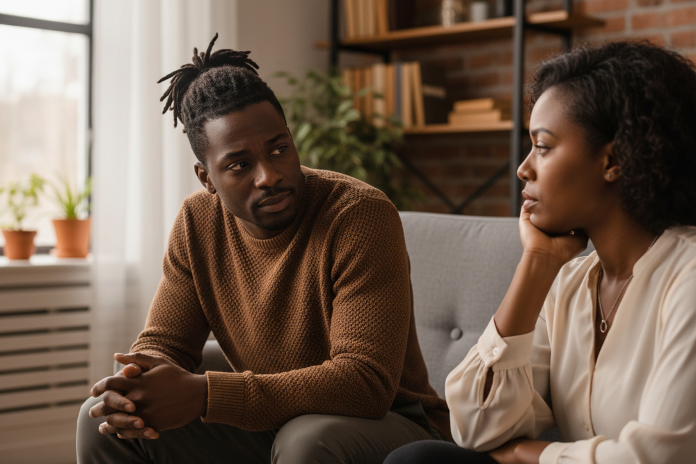 Thoughtful Black couple discussing whether a good man can still be the wrong partner