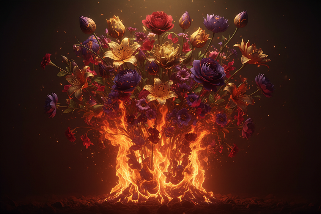 Flames transforming into blooming flowers symbolizing passion and emotional growth