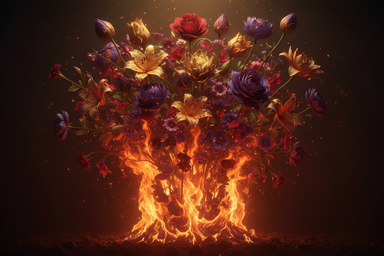Flames transforming into blooming flowers symbolizing passion and emotional growth