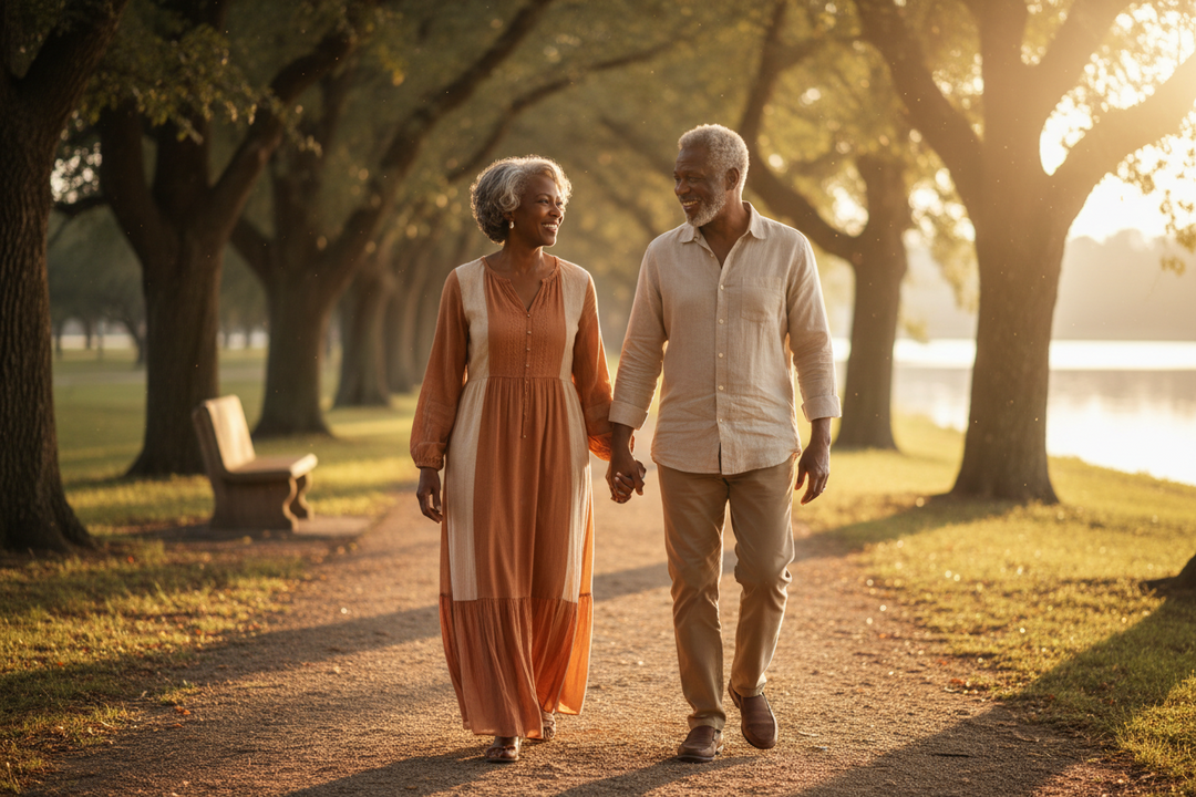 Couple holding hands in warm evening light symbolizing enduring love and shared history