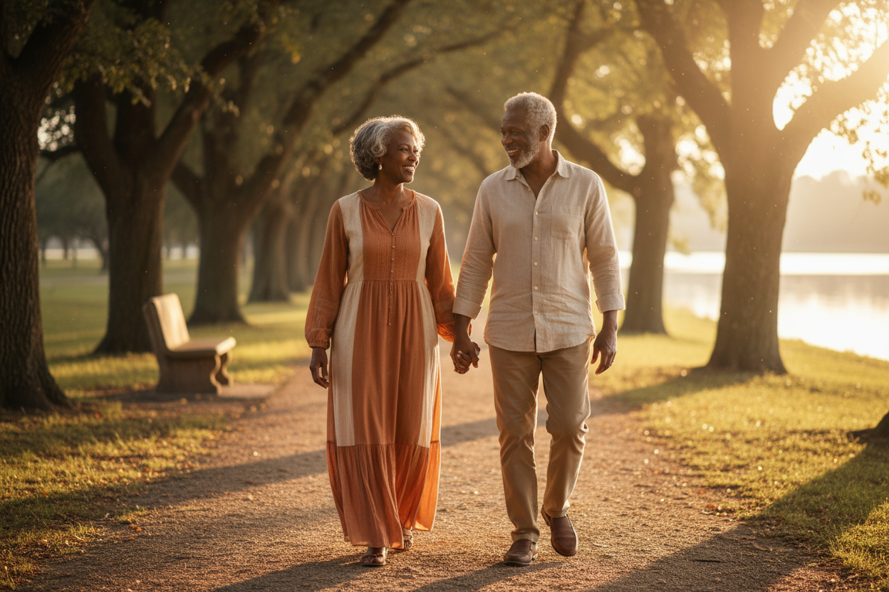 Couple holding hands in warm evening light symbolizing enduring love and shared history