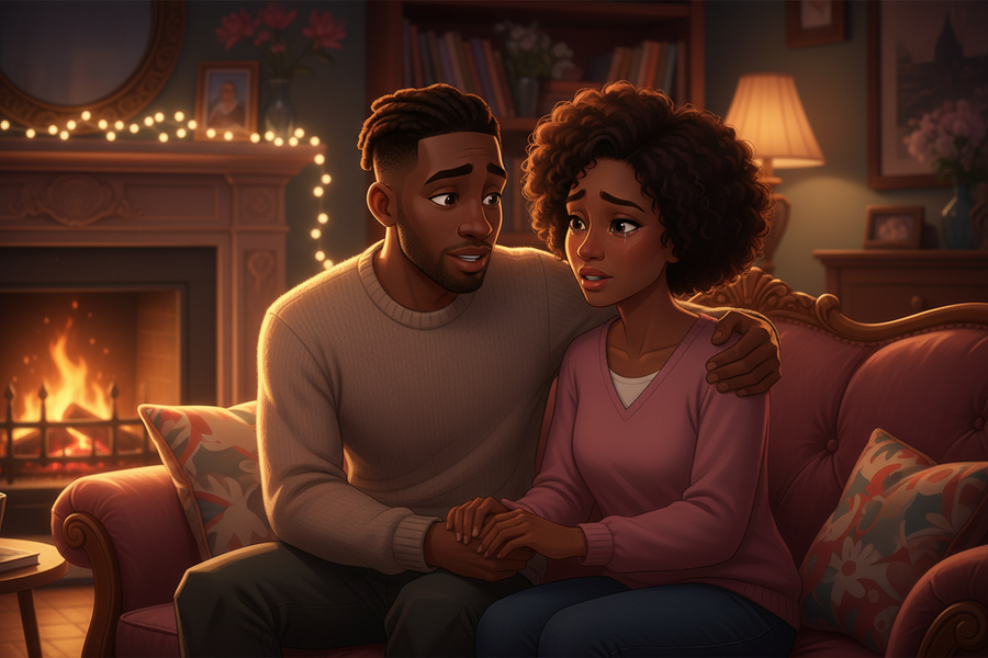 Couple Consoling each other by the fireplace