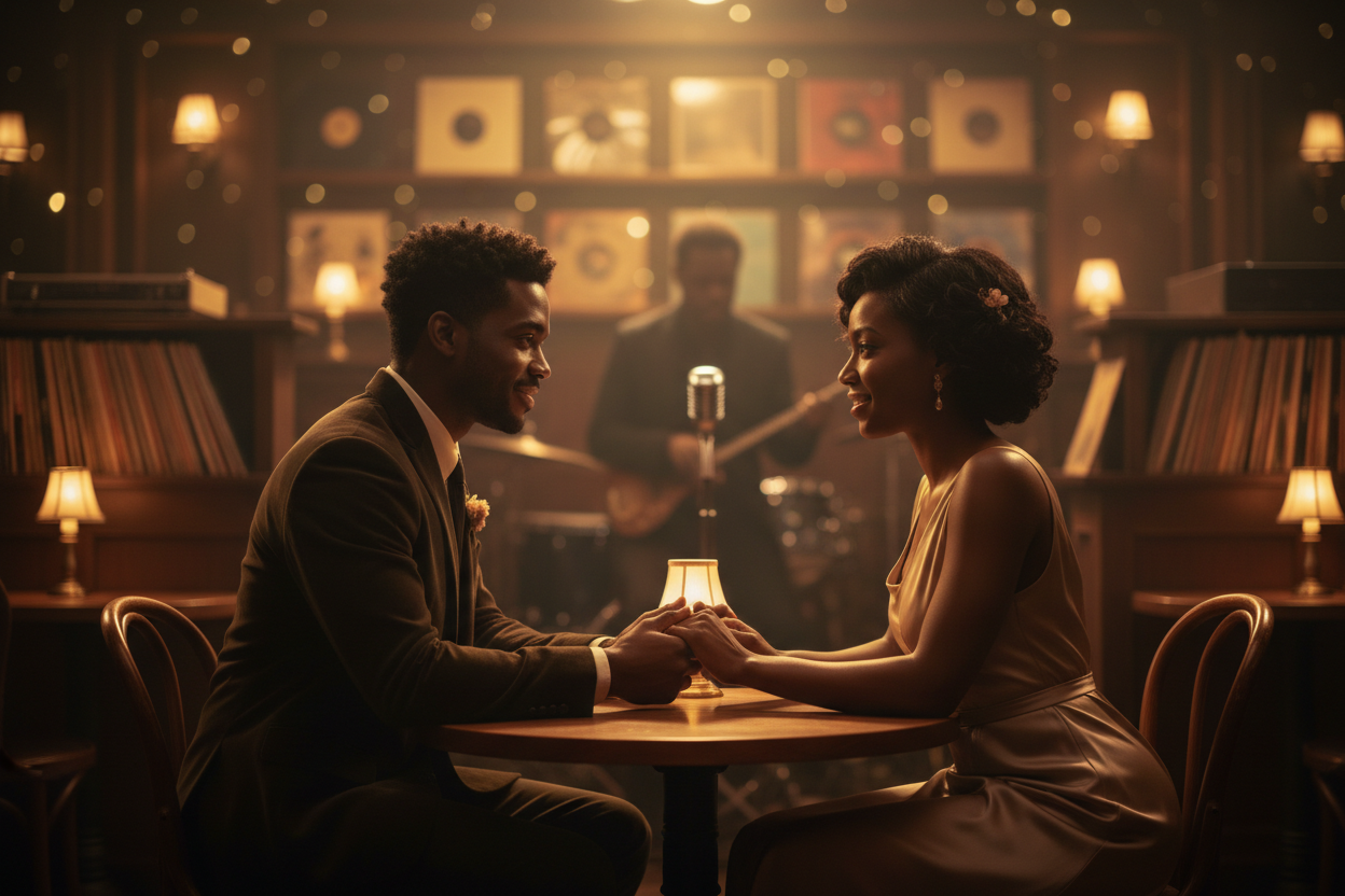 Two people sharing an intimate musical moment symbolizing love, rhythm, and emotional connection