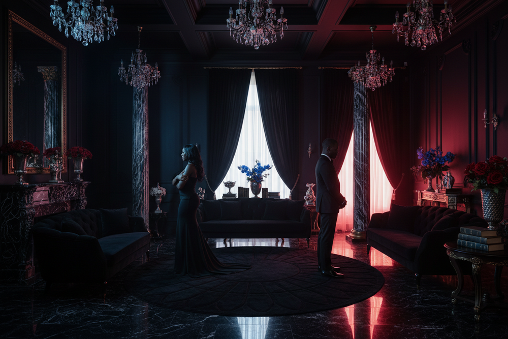 Black Couple in a black room with red and black hue having conflict