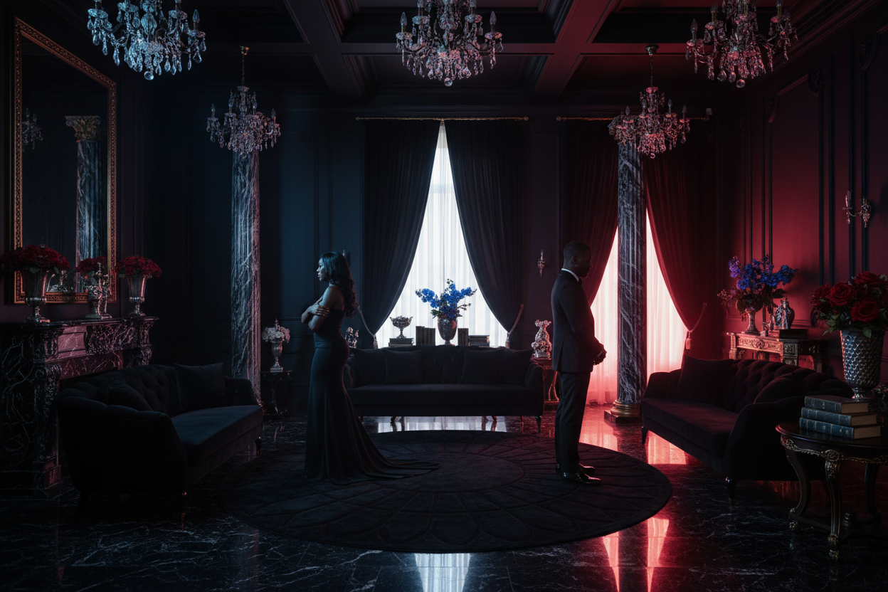 Black Couple in a black room with red and black hue having conflict