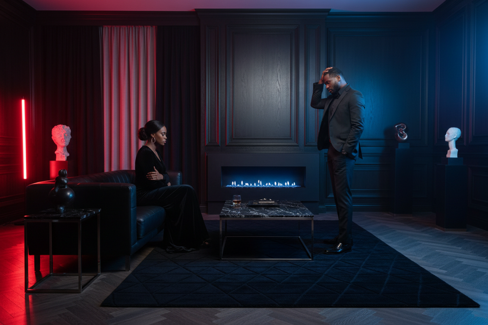 Black Couple in black room with red and blue hue having a disageement
