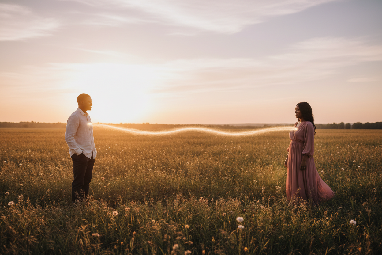 Two people standing apart yet connected emotionally across distance