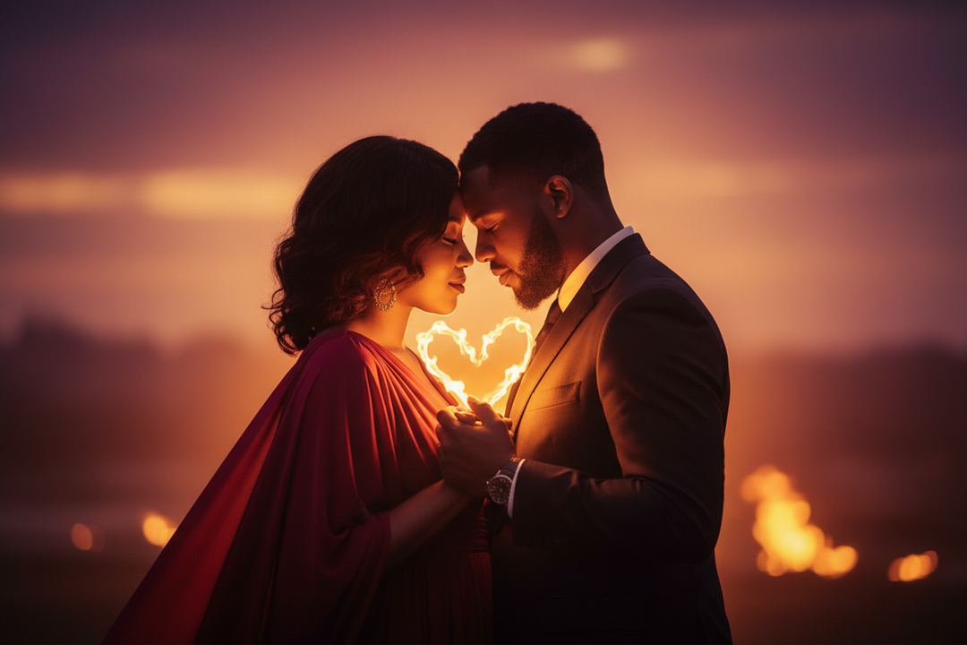 Two figures illuminated by a warm glowing light symbolizing lasting passion and connection