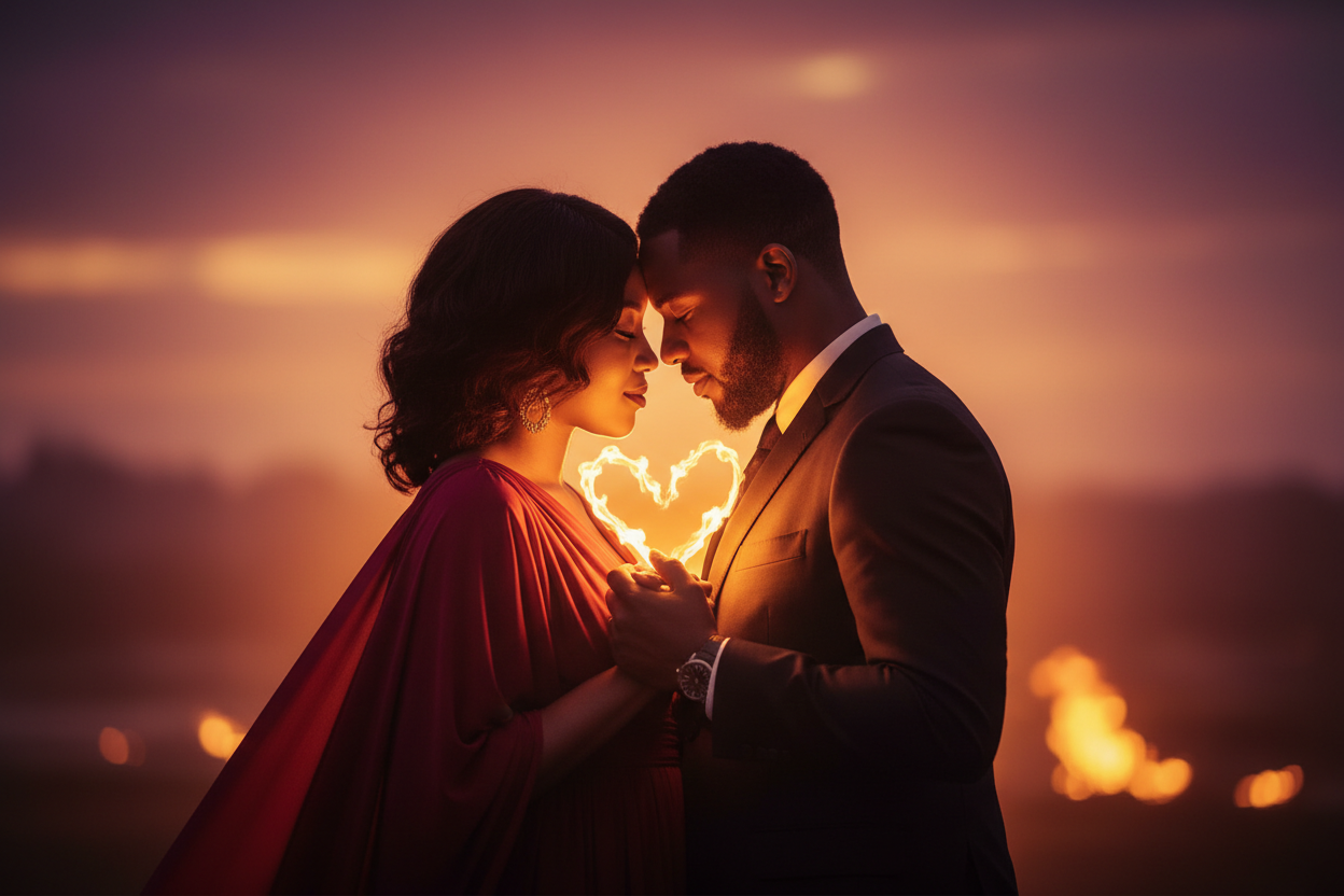 Two figures illuminated by a warm glowing light symbolizing lasting passion and connection