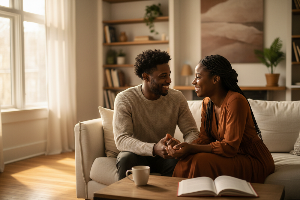 Black couple discussing relationship goals