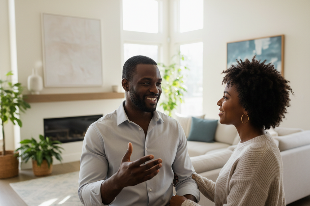 Black couple discussing relationship goals