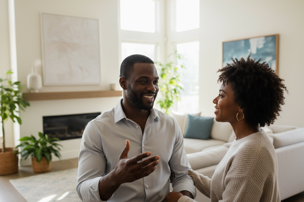 Black couple discussing relationship goals