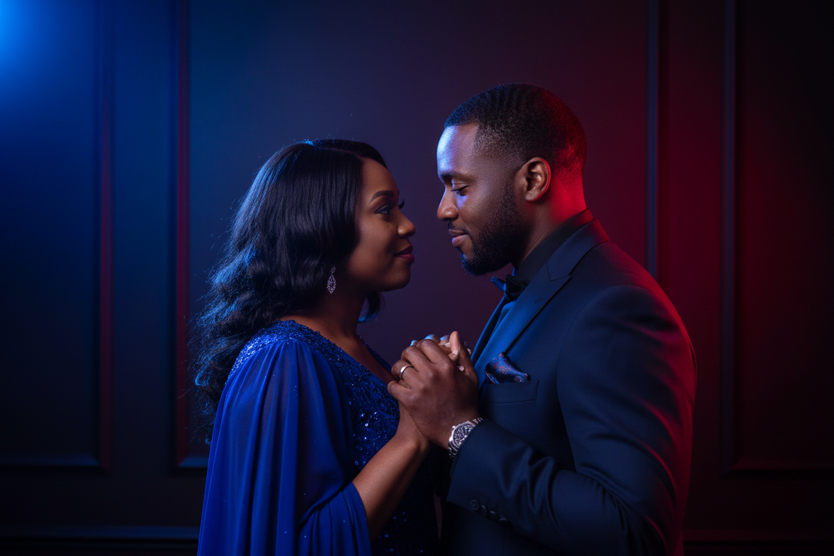 Black couple in love in a black room with blue and red lighting
