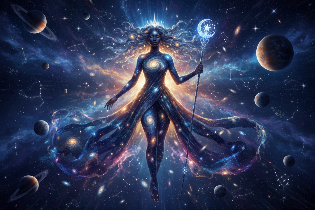 Figure surrounded by glowing stars symbolizing cosmic love and emotional wonder