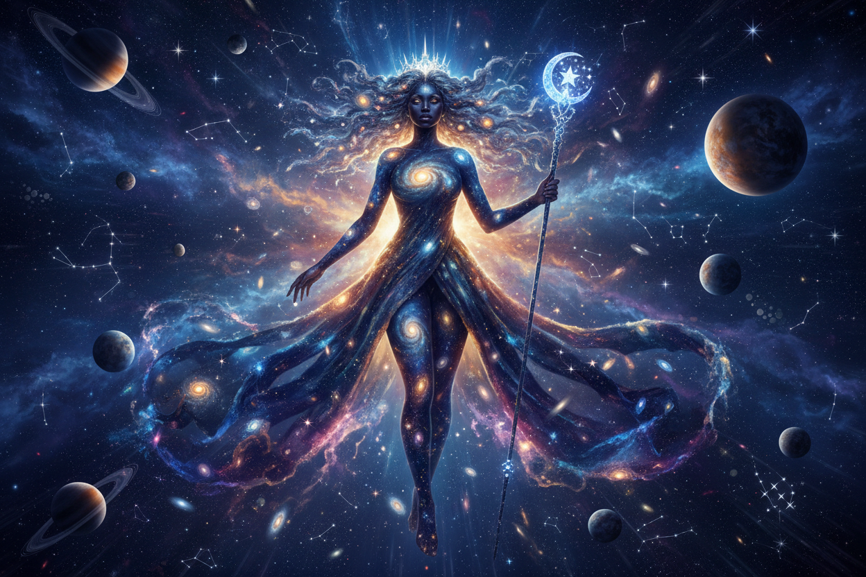 Figure surrounded by glowing stars symbolizing cosmic love and emotional wonder