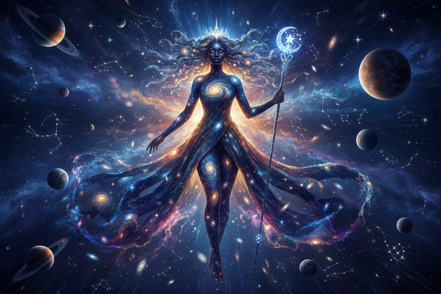 Figure surrounded by glowing stars symbolizing cosmic love and emotional wonder