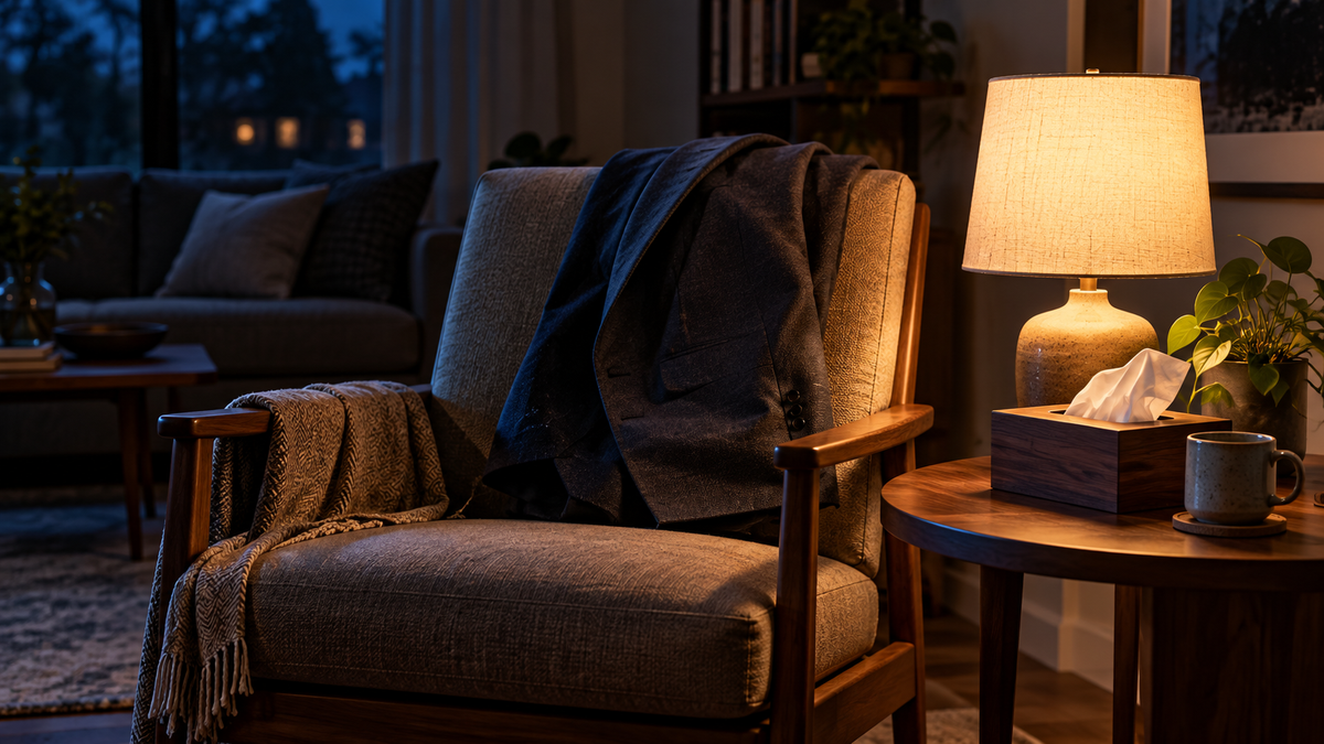 A folded jacket and a lamp in a quiet room