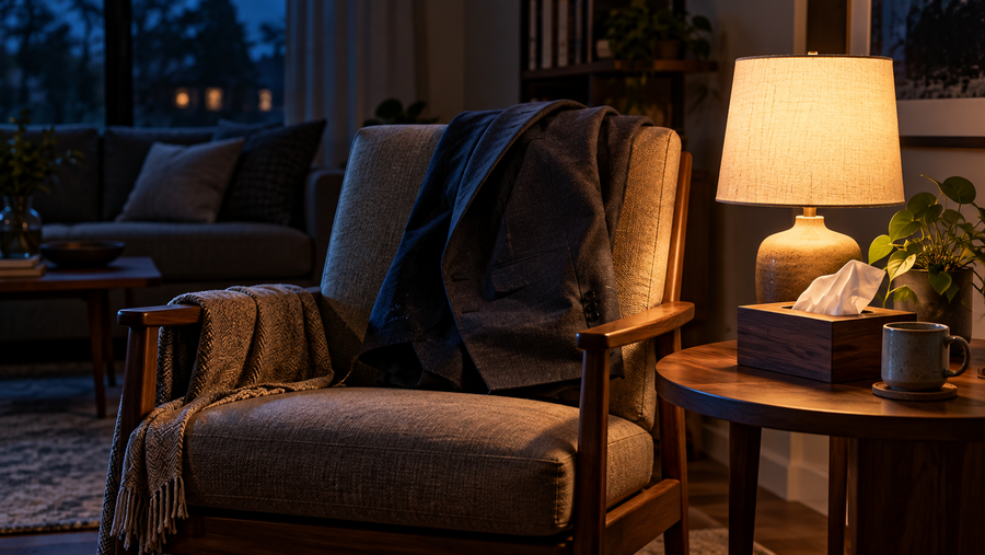 A folded jacket and a lamp in a quiet room