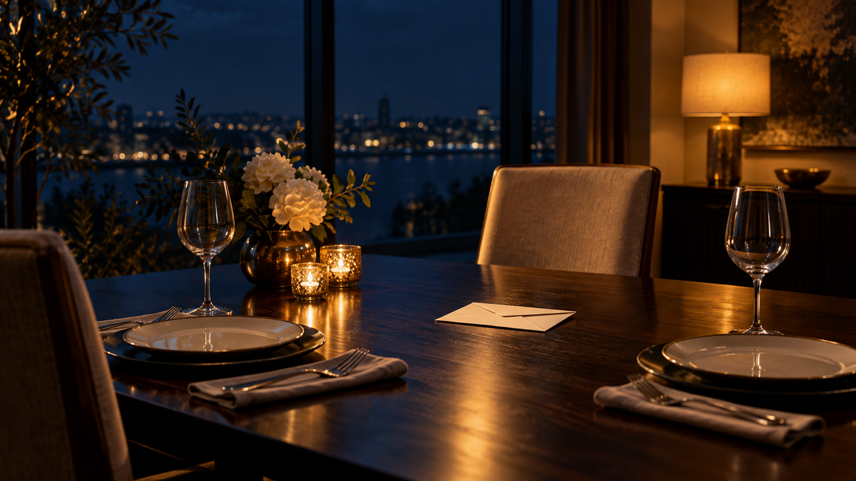 An empty chair across a prepared dining table