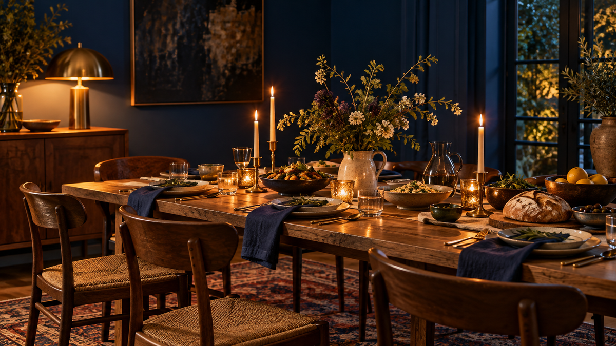An inviting dinner table with several empty chairs