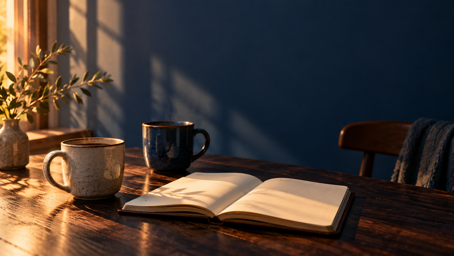 Two mugs and an open notebook on a table in quiet window light