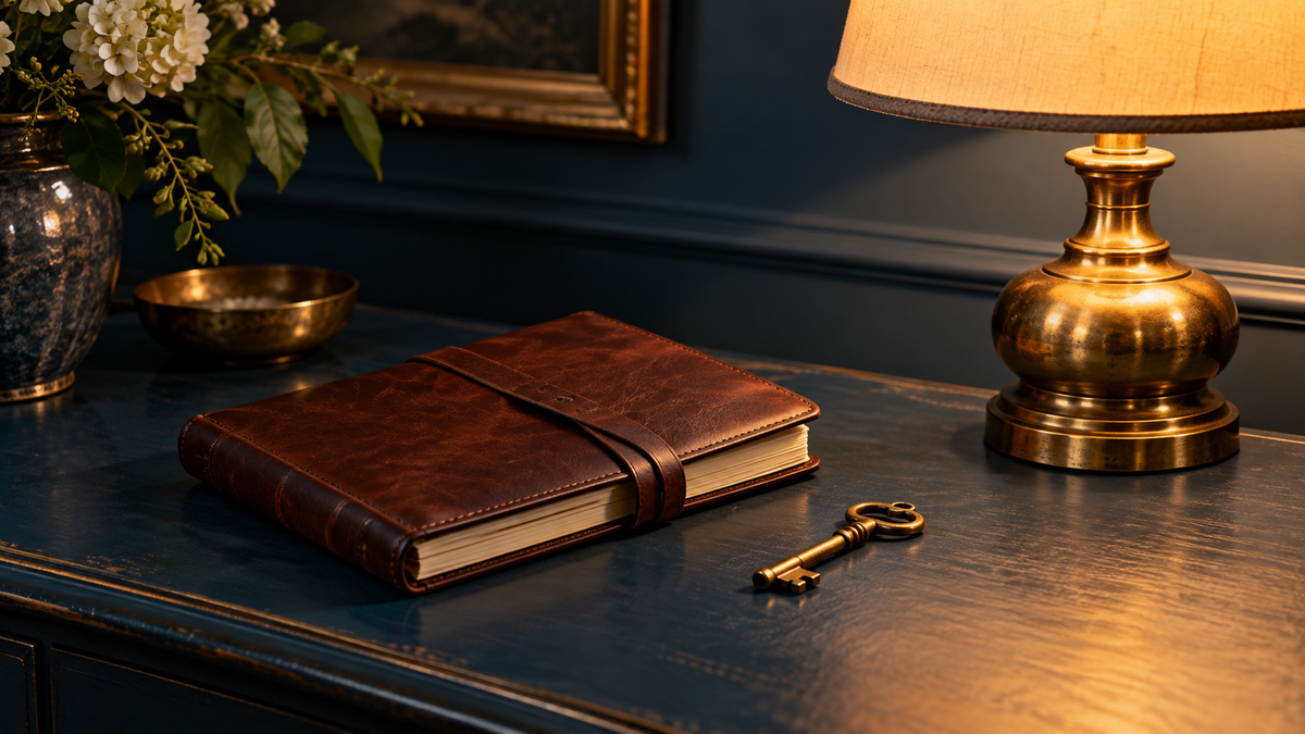 A closed journal and brass key beside a softly lit lamp