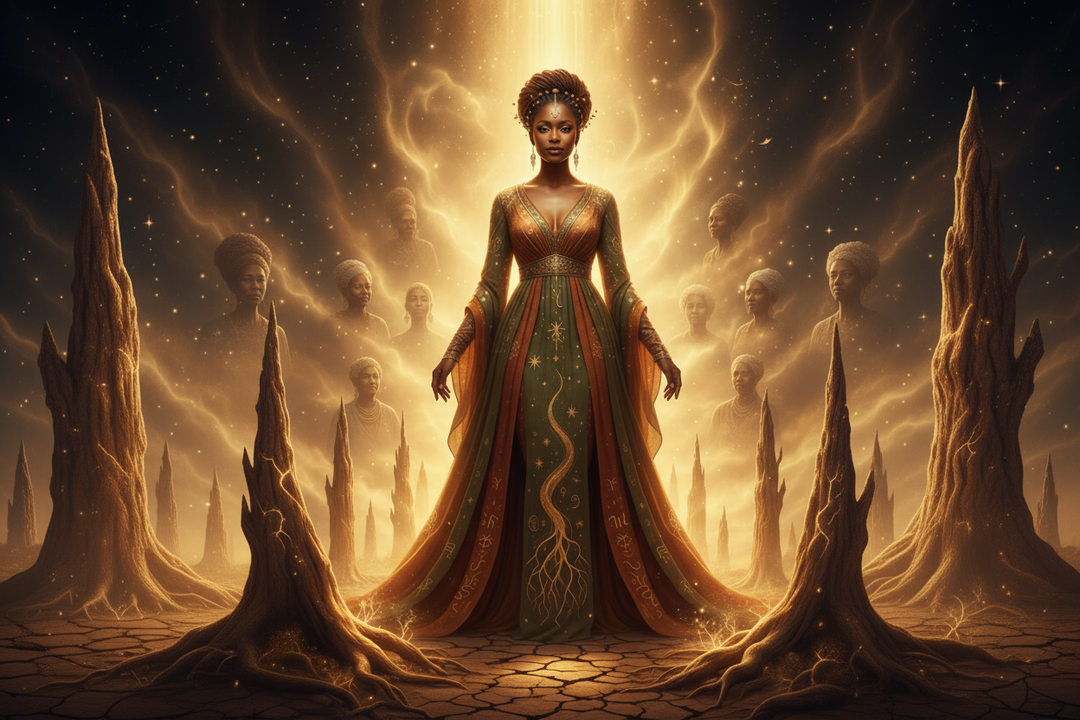 Radiant dark-skinned woman standing in golden light symbolizing beauty, strength, ancestry, and grace