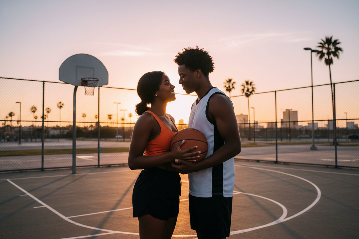 A scene from Winter: A Love story, where two lovers holding a basketball 