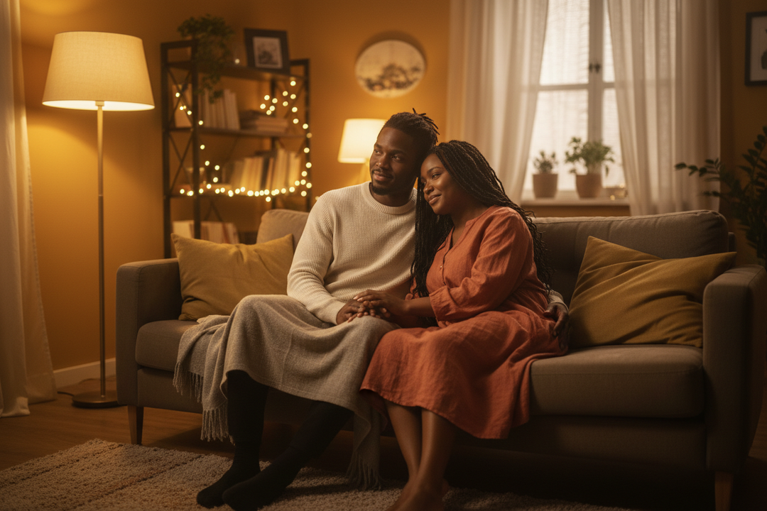 Two people sitting closely together in a warm peaceful space symbolizing emotional safety and enduring love
