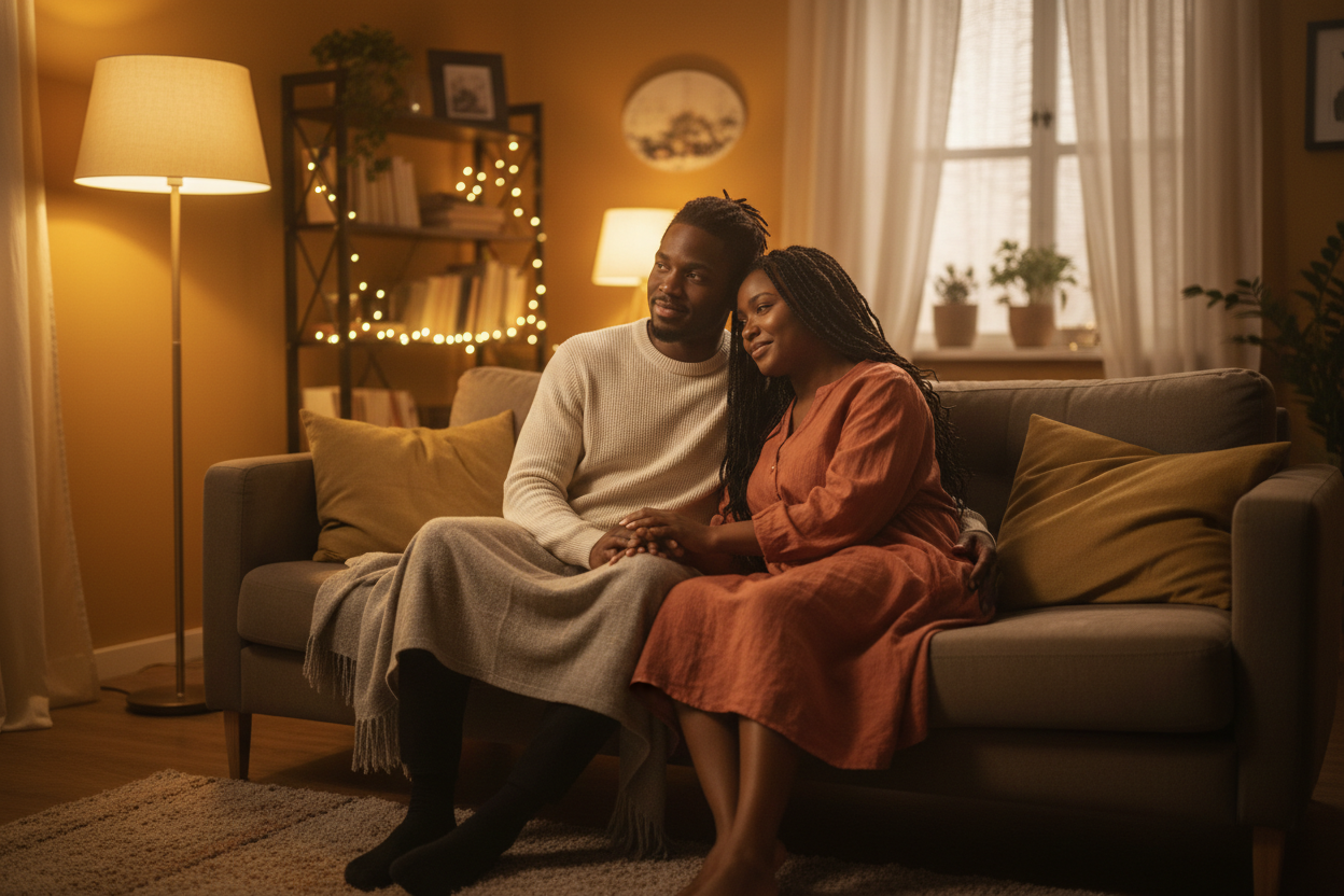 Two people sitting closely together in a warm peaceful space symbolizing emotional safety and enduring love