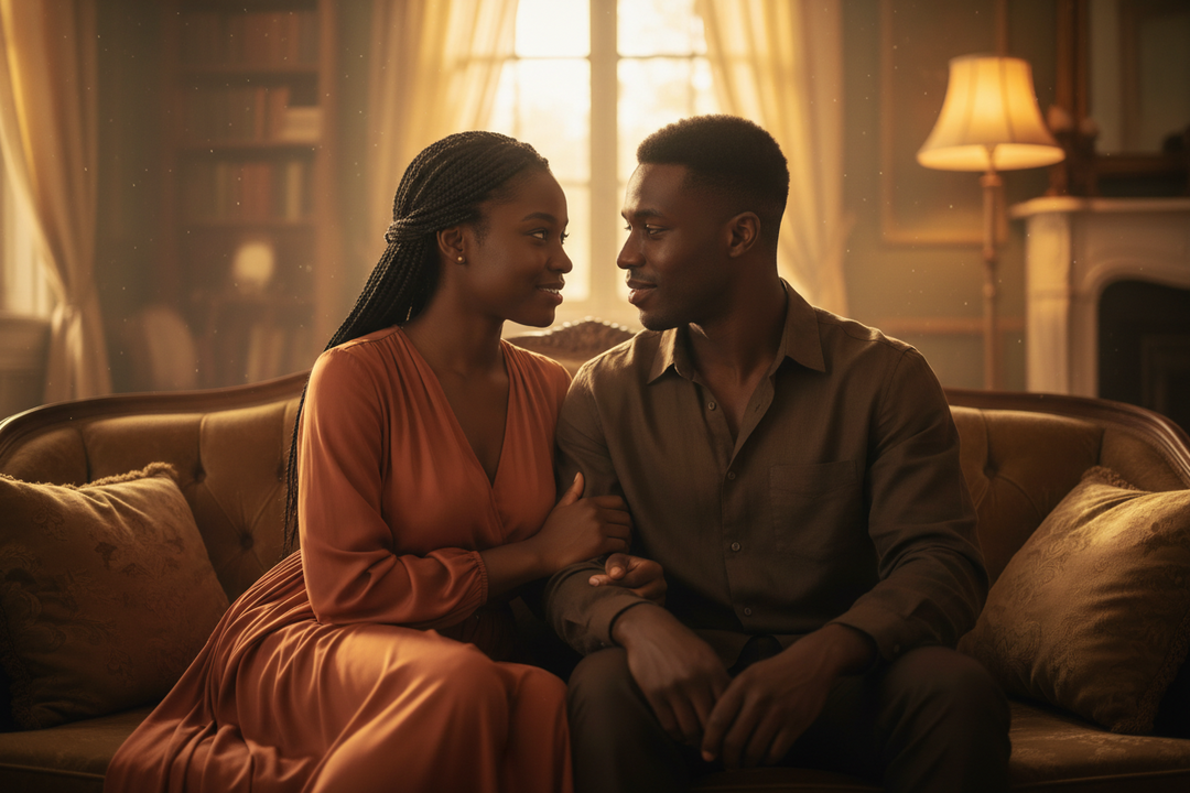 Two people sitting closely together in warm light symbolizing intimacy and emotional desire