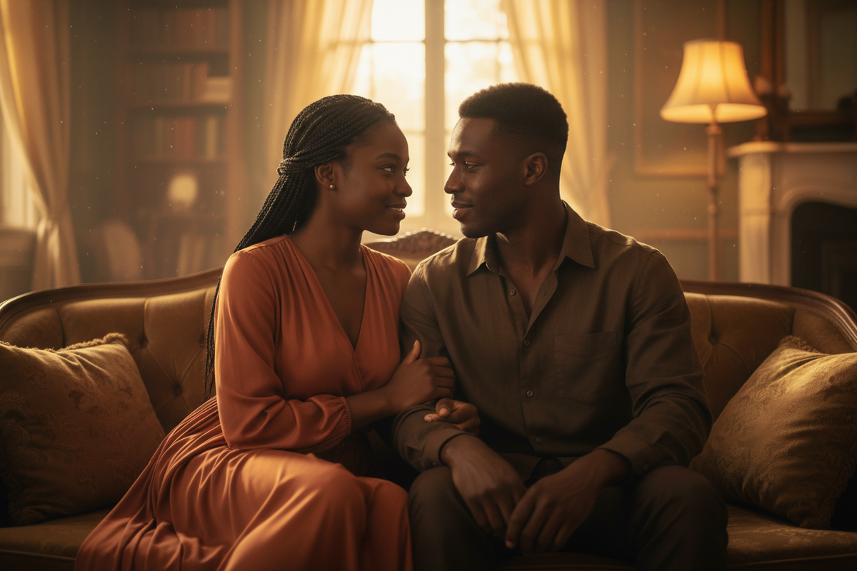 Two people sitting closely together in warm light symbolizing intimacy and emotional desire