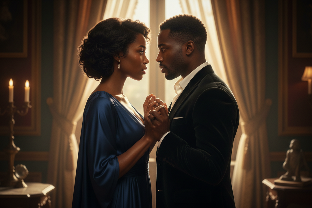 Two people standing closely together symbolizing romantic tension and emotional anticipation