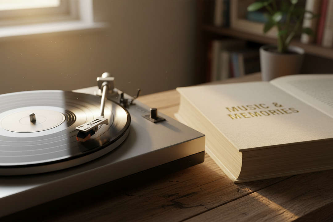 Record Player & Book Next to each other