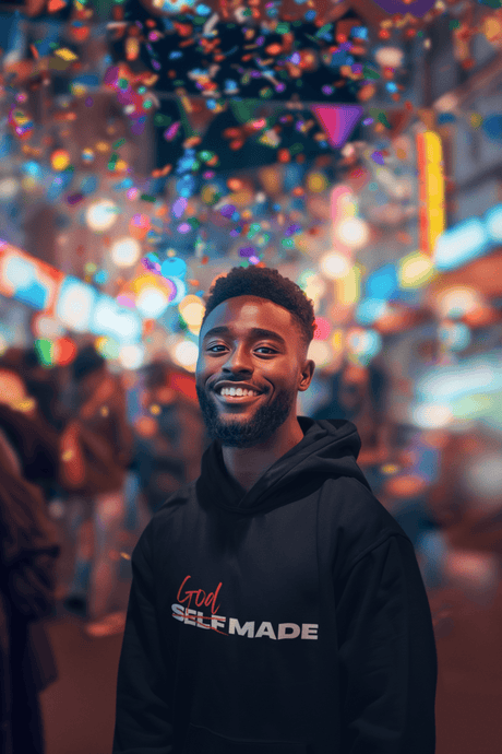 Black man in God Made Hoodie Celebrating