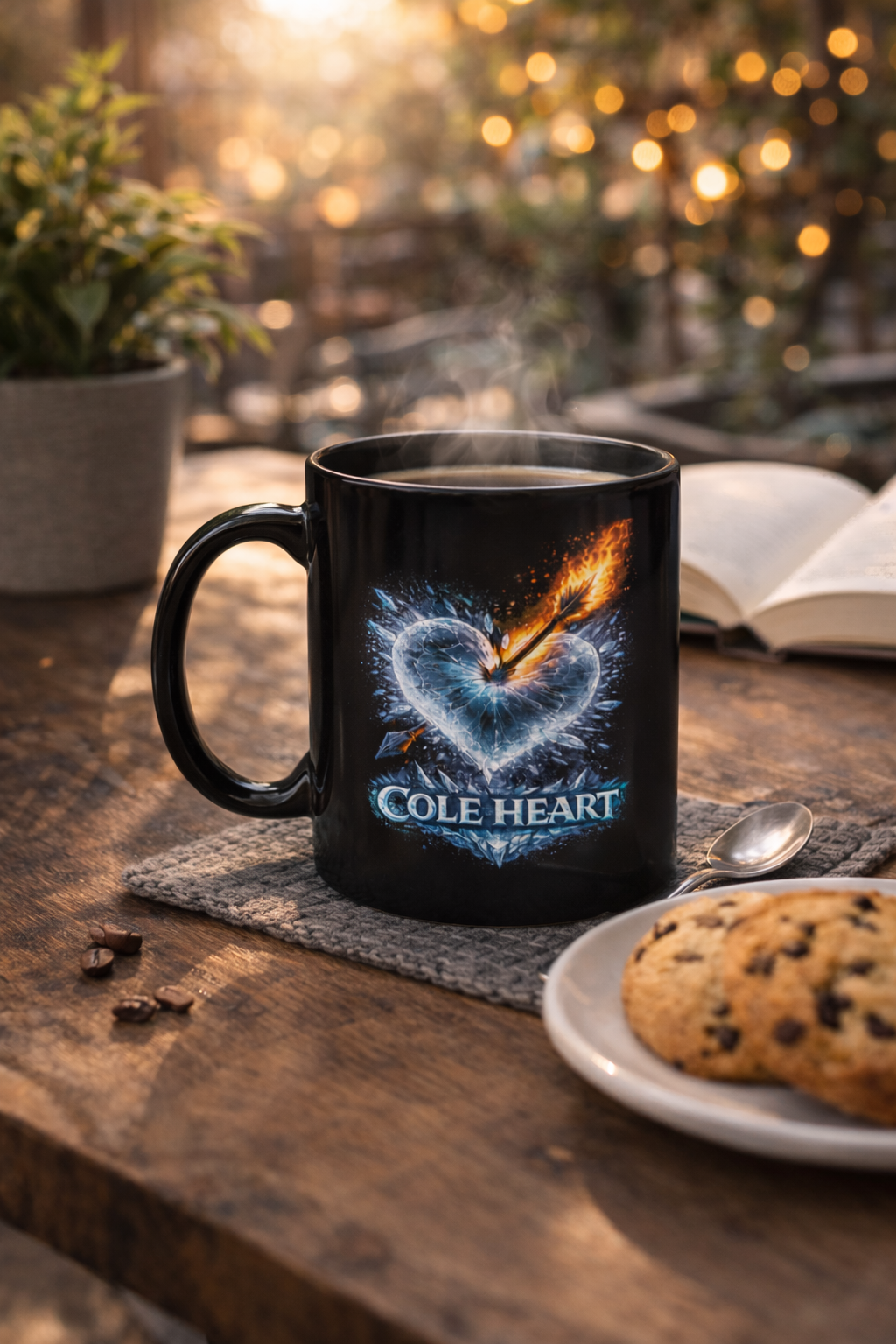 Black mug with 'Cole Heart' design on a wooden table with cookies and a book.