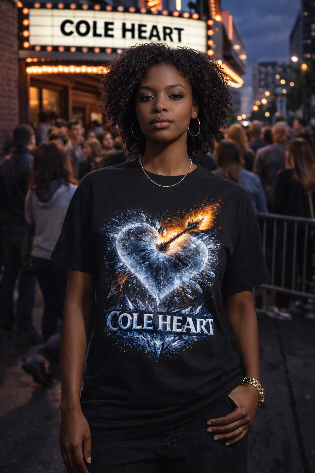Woman wearing a 'Cole Heart' t-shirt with a heart and dragon design in a city street setting.