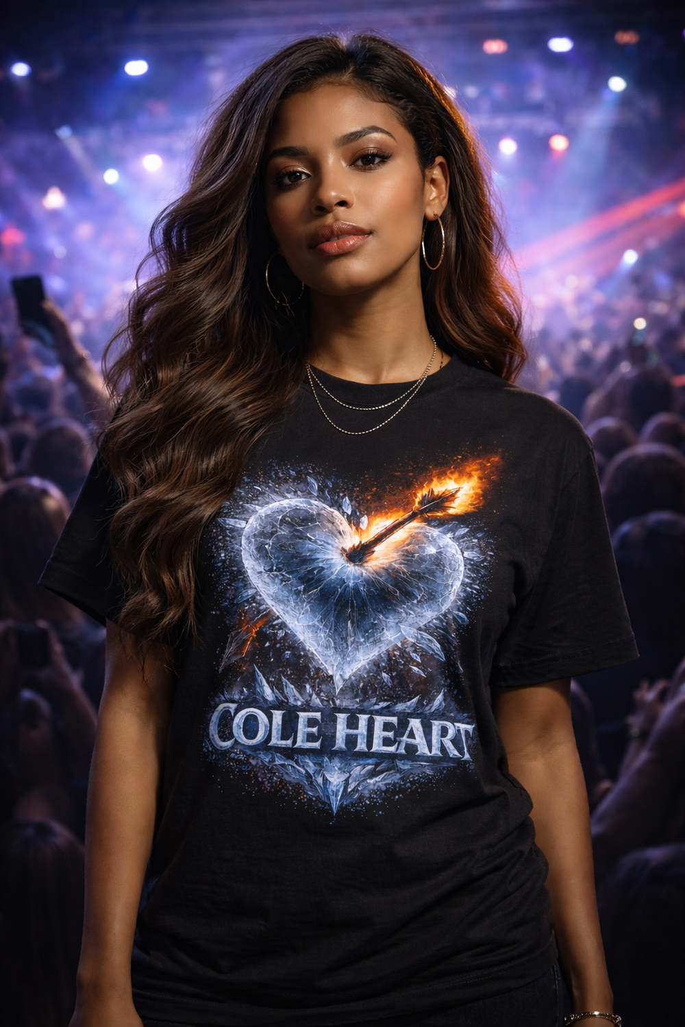 Woman wearing a black t-shirt with 'Cole Heart' design in a concert setting