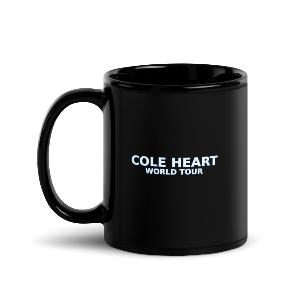 Black mug with 'Cole Heart World Tour' text on a white background