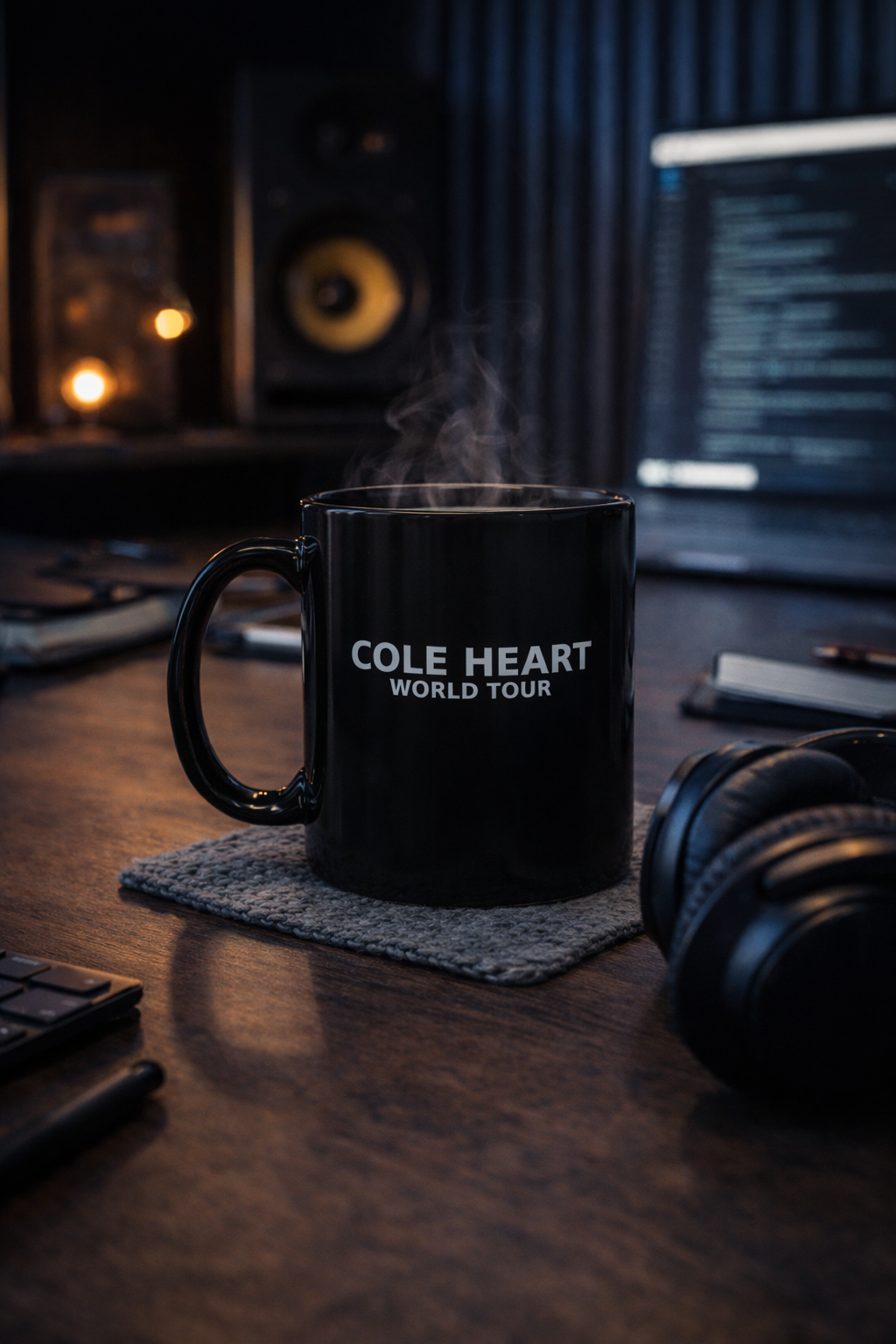 Black mug with 'Cole Heart World Tour' on a desk with headphones and computer equipment.