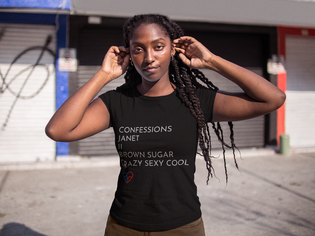 Woman with Braids outside wearing the R&B Essentials Tee – Love Clan Classics