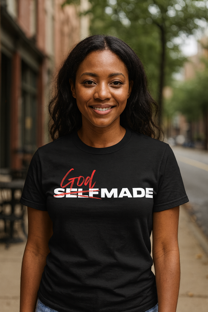 Woman wearing a black t-shirt with 'God Self Made' text on a street.