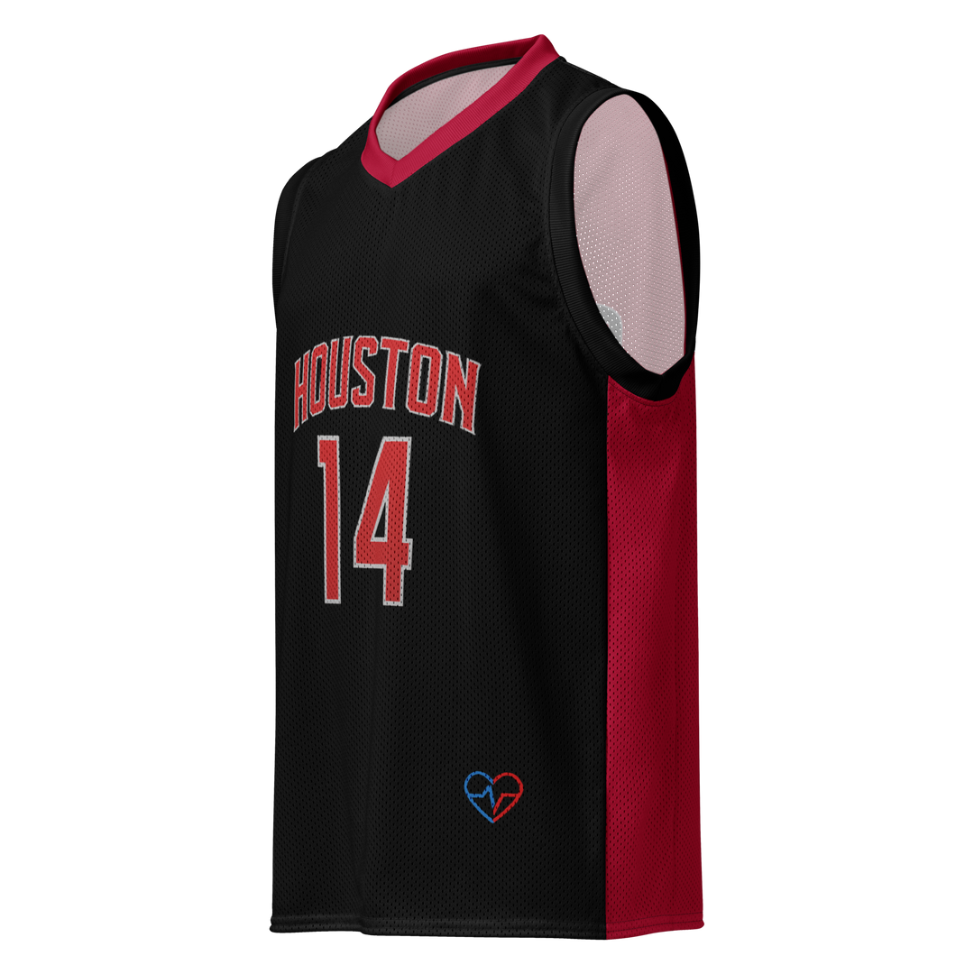 Black basketball jersey with red accents and 'Houston' text on a white background