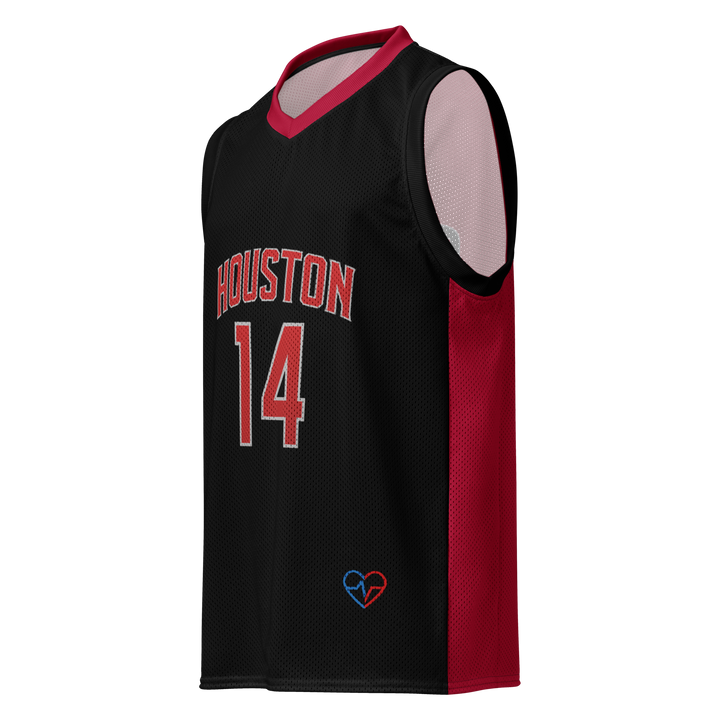Black basketball jersey with red accents and 'Houston' text on a white background