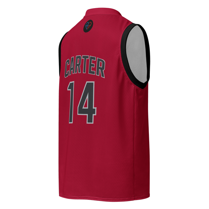 Red basketball jersey with 'Carter 14' on a white background