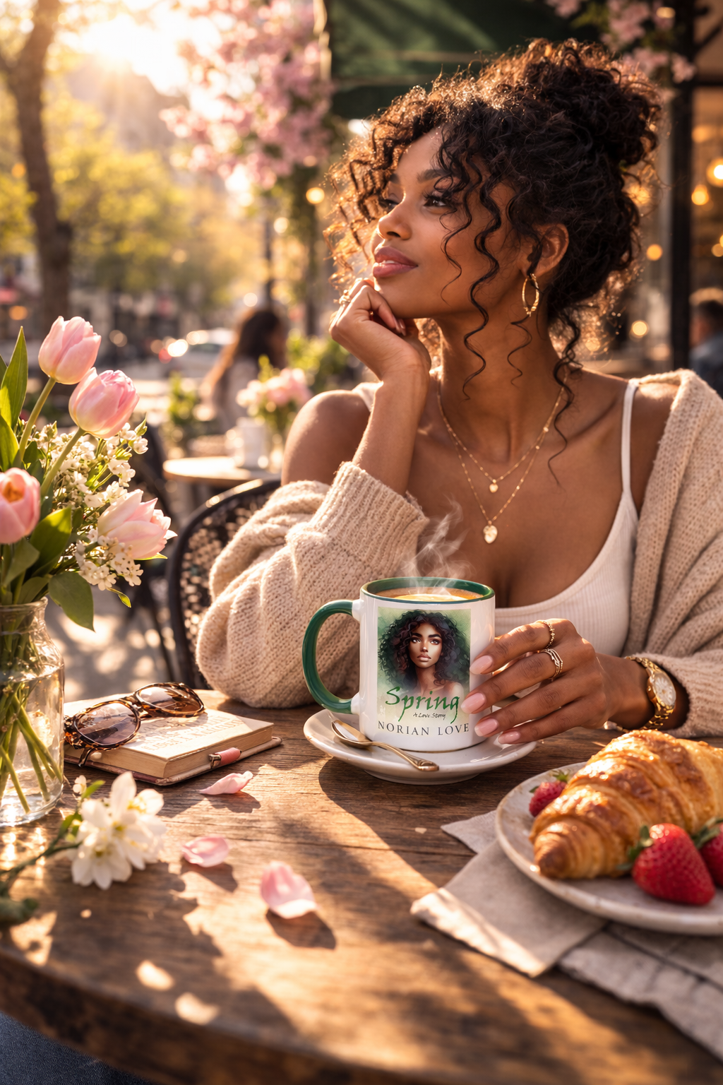Woman sitting at an outdoor table with a cup of coffee, croissant, and flowers.