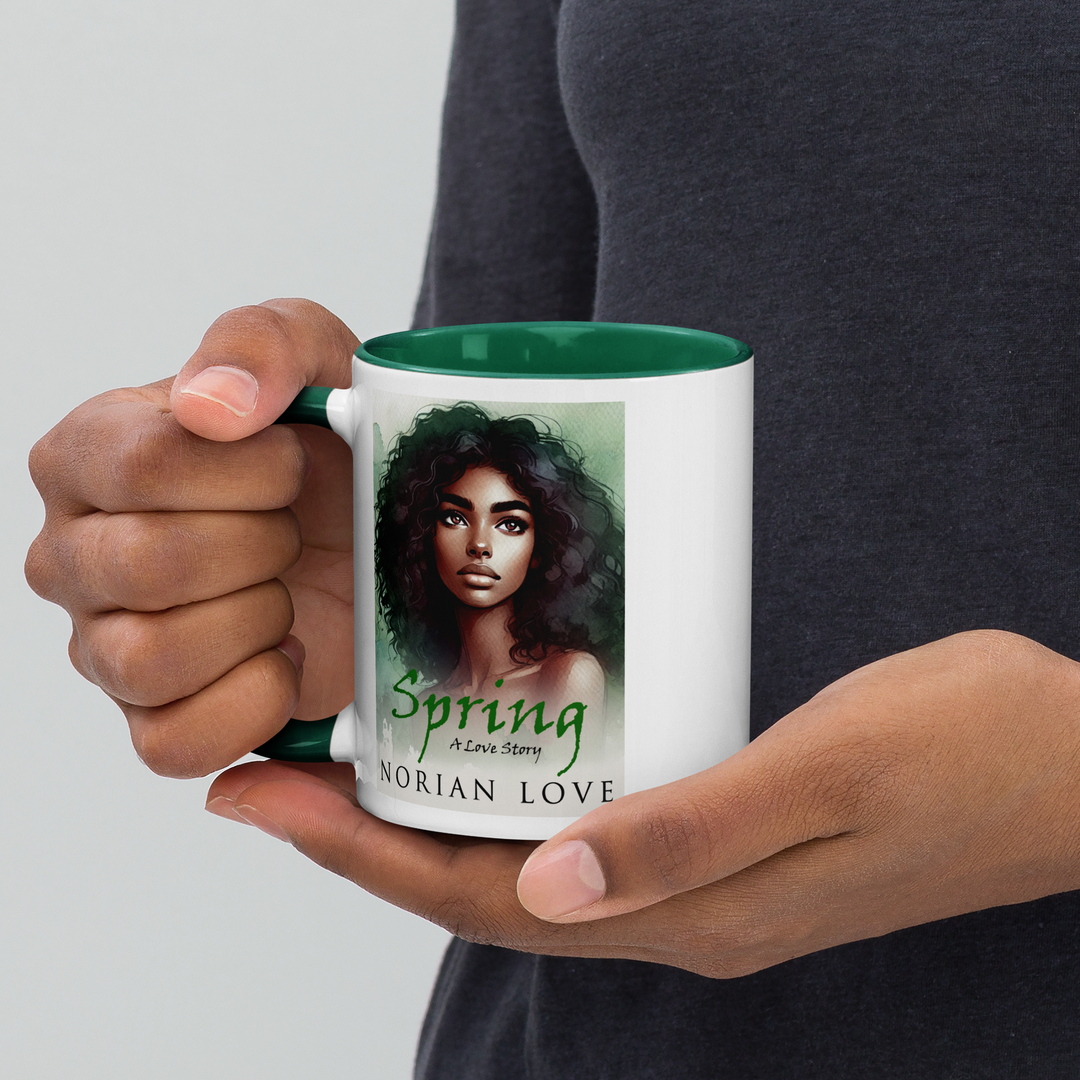 Person holding a mug with a graphic of a woman's face and text on a white background